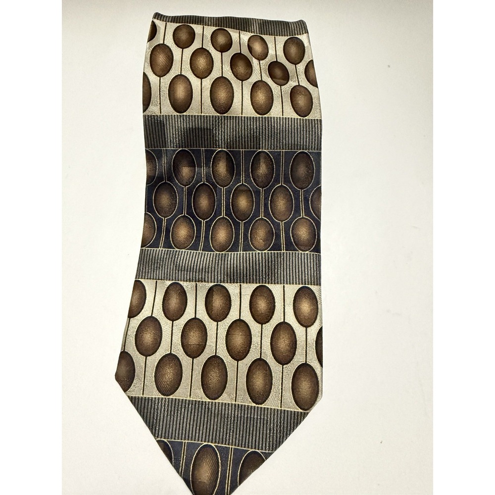 Gasparo Mens Silk Tie Bronze Grey Geometric Oval Abstract Hand Made Necktie